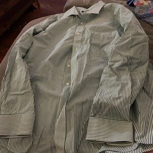Club Room Regular Fit Pinpoint Green and White Stripe Button Down Shirt 18 34/35